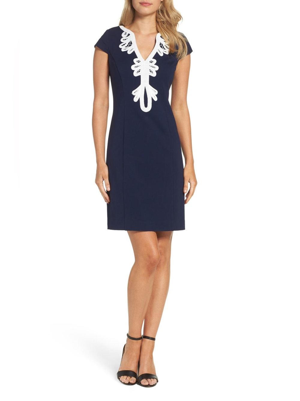 ELIZA J Navy Cap-Sleeve Sheath Dress with White Appliqué ❤️NWT❤️ - Picture 2 of 6